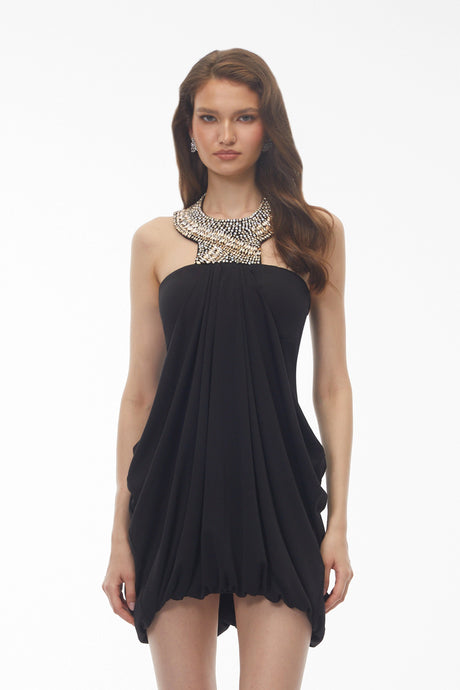 London Mini Dress Black Halterneck Embellished Ruched