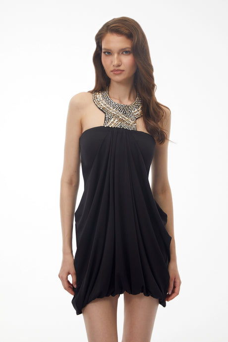 London Mini Dress Black Halterneck Embellished Ruched