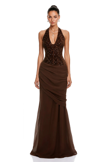 Tecla Brown Halterneck Sequin Panel Maxi Gown