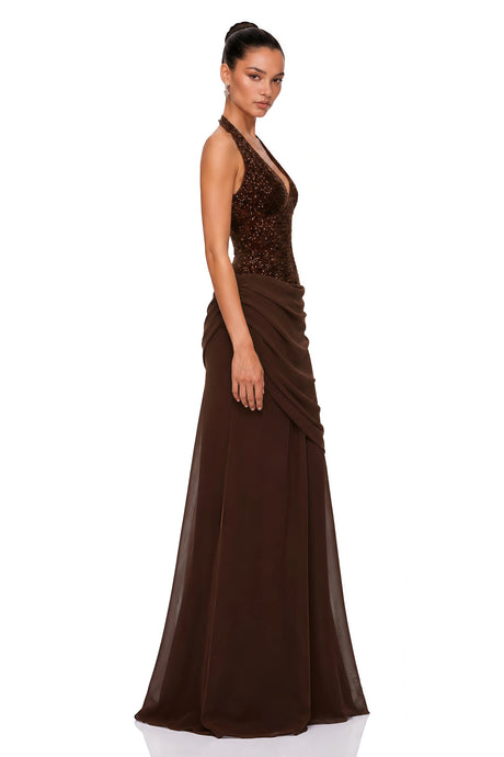 Tecla Brown Halterneck Sequin Panel Maxi Gown