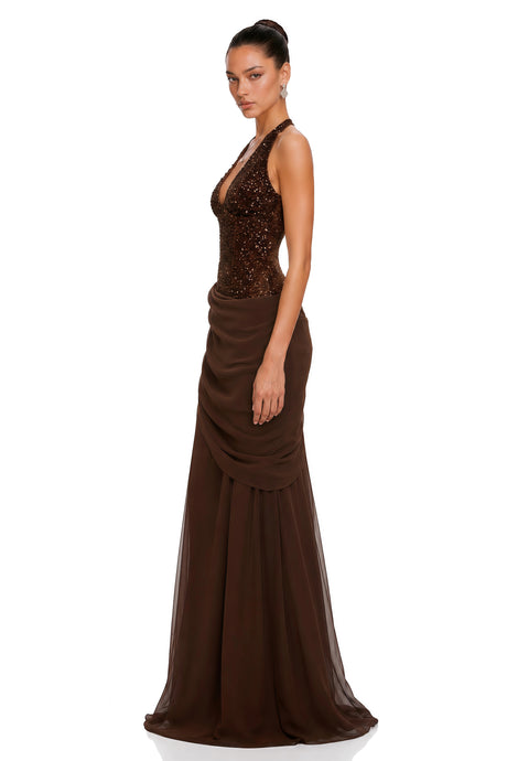 Tecla Brown Halterneck Sequin Panel Maxi Gown
