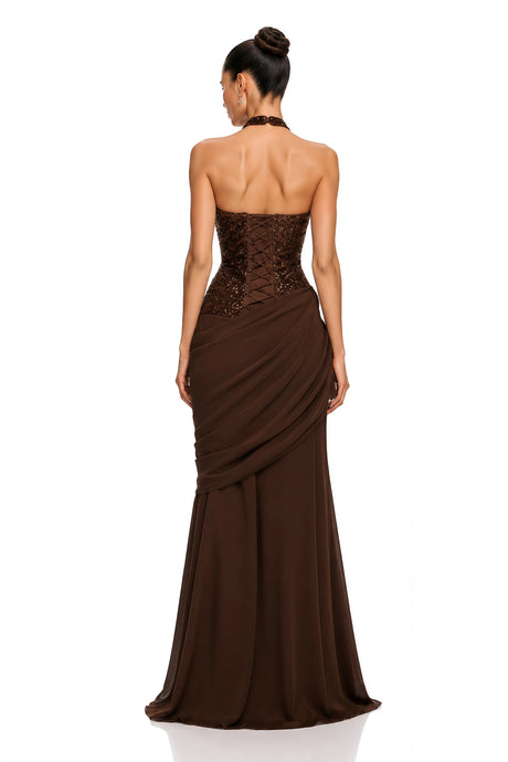 Tecla Brown Halterneck Sequin Panel Maxi Gown