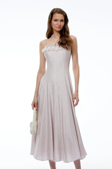 Emily Midi Dress Purple Halterneck 3D Floral Cinched