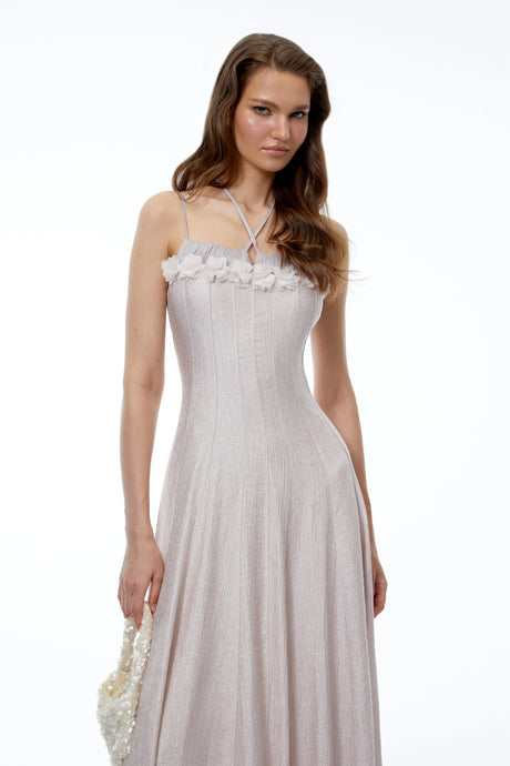 Emily Midi Dress Purple Halterneck 3D Floral Cinched