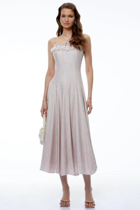 Emily Midi Dress Purple Halterneck 3D Floral Cinched