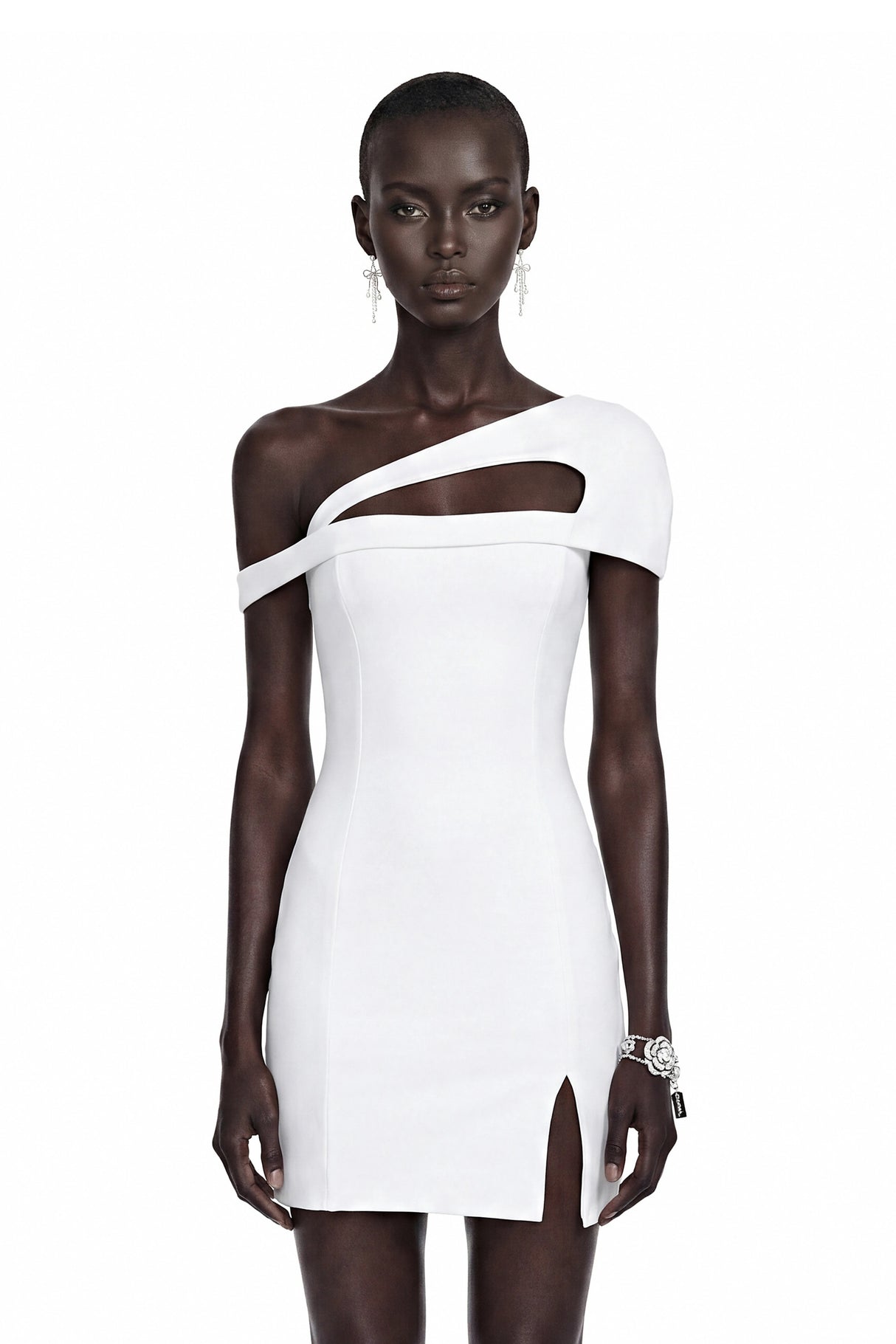 Emma White One Shoulder CutOut Mini Dress with Slit