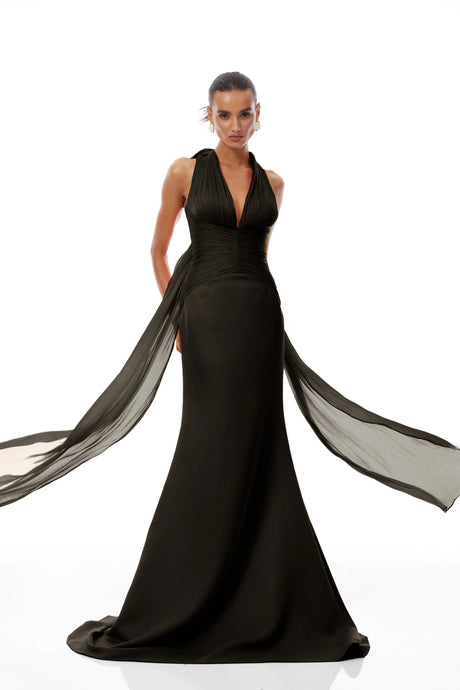 Maddalena Maxi Dress Black Train Design Gathered