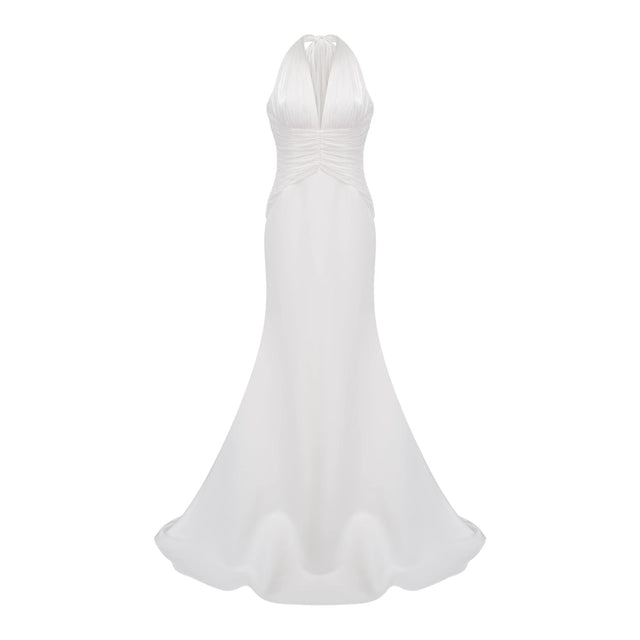 Emmeline White Train Design Gathered Maxi Dress