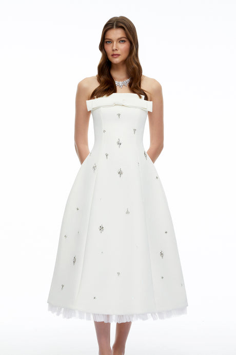 Alexis Midi Dress White Strapless Rhinestone with Bow