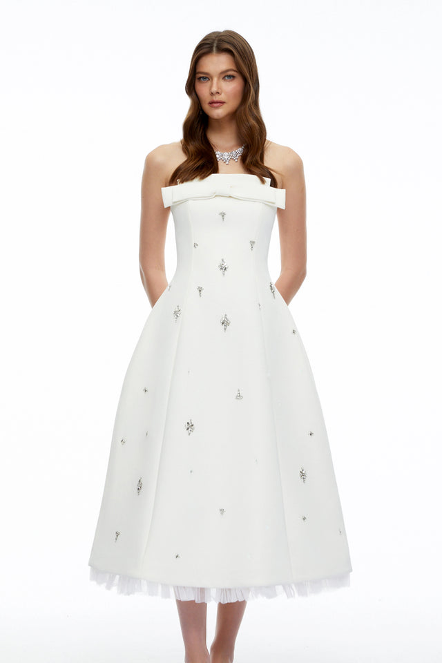 Enid White Strapless Rhinestone Midi Dress with Bow