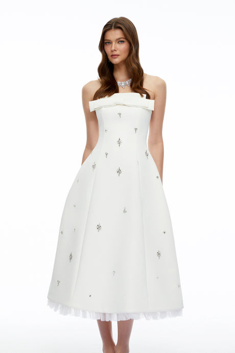 Alexis Midi Dress White Strapless Rhinestone with Bow