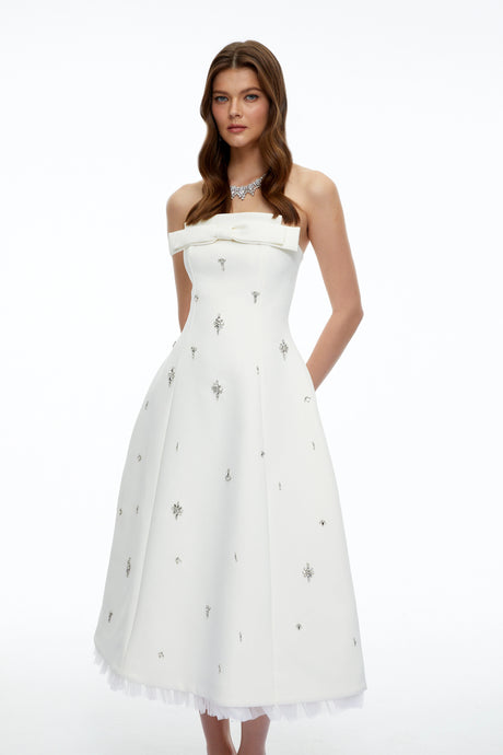 Alexis Midi Dress White Strapless Rhinestone with Bow