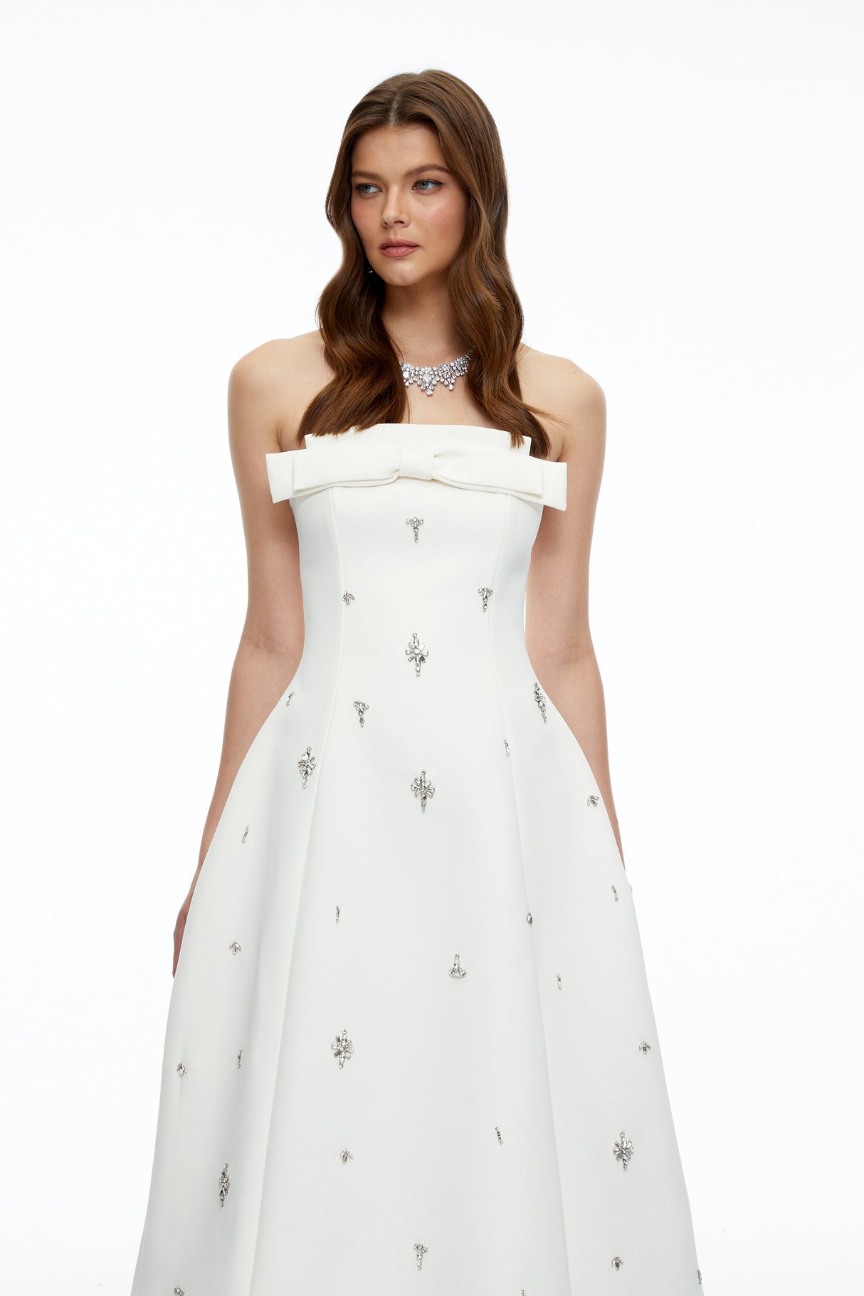 Enid White Strapless Rhinestone Midi Dress with Bow