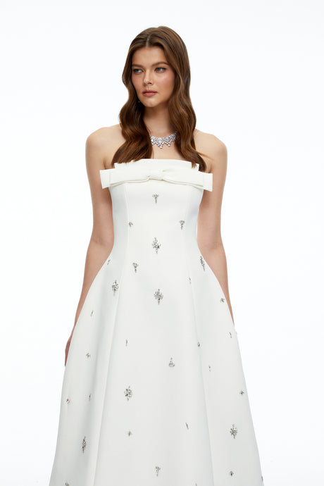 Alexis Midi Dress White Strapless Rhinestone with Bow