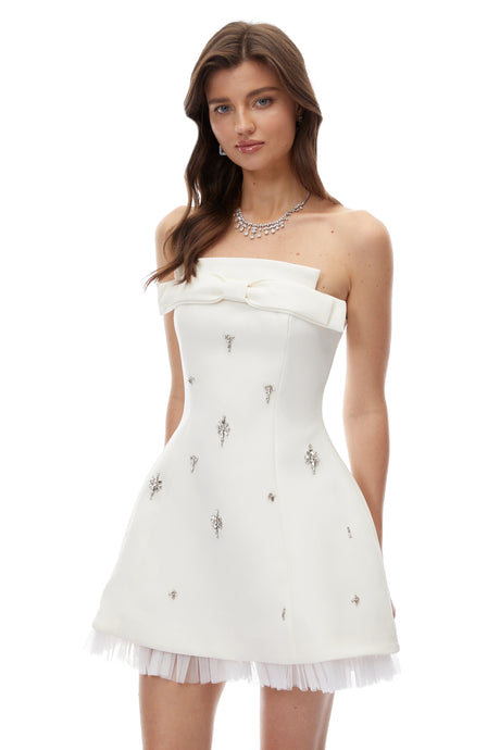 Destiny Mini Dress White Strapless Rhinestone with Bow