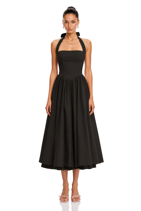 Charleigh Midi Dress Black Layered Flared Hem