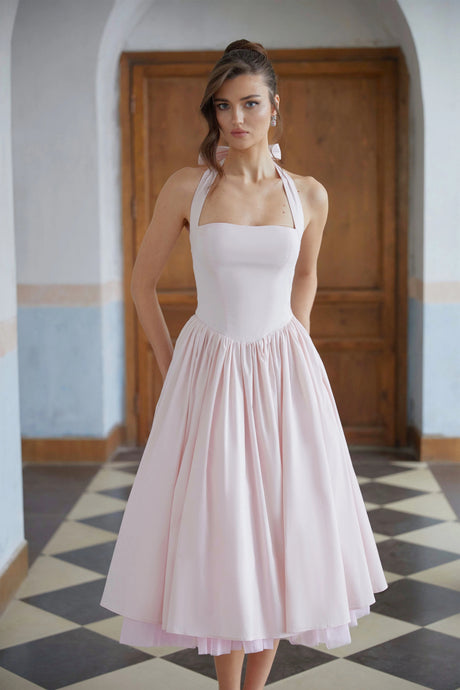 Harper Midi Dress Pink Layered Flared Hem