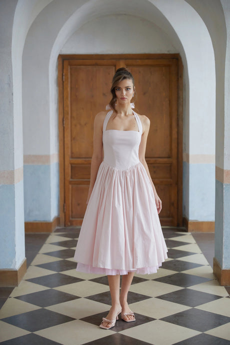 Harper Midi Dress Pink Layered Flared Hem