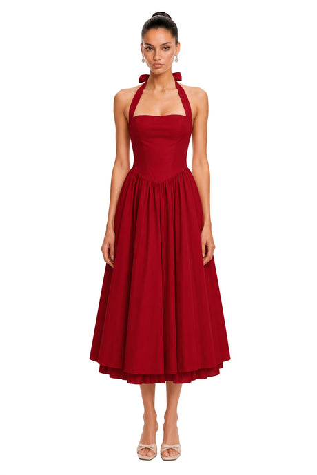 Rylan Midi Dress Red Layered Flared Hem