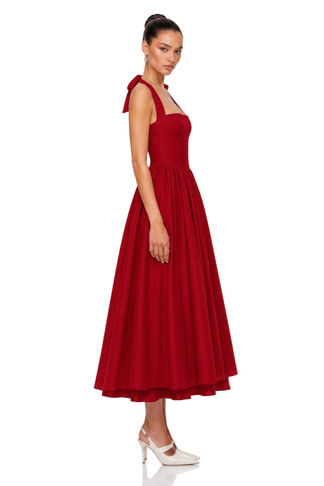 Rylan Midi Dress Red Layered Flared Hem