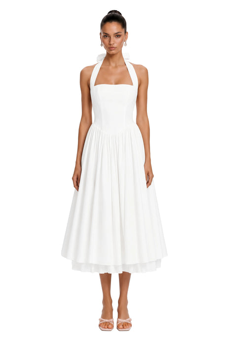 Mallory Midi Dress White Layered Flared Hem