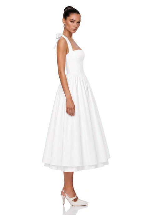 Mallory Midi Dress White Layered Flared Hem