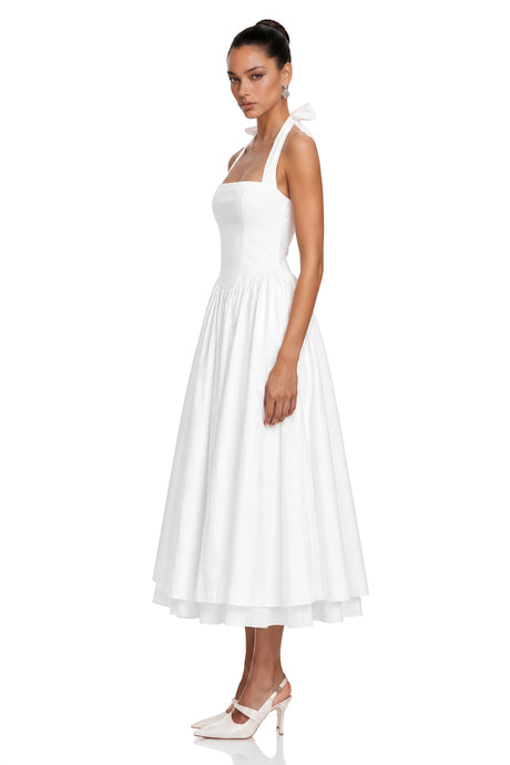 Mallory Midi Dress White Layered Flared Hem