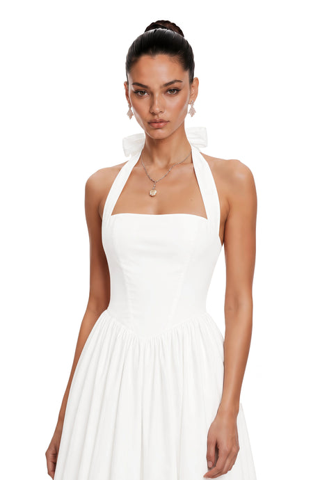Mallory Midi Dress White Layered Flared Hem