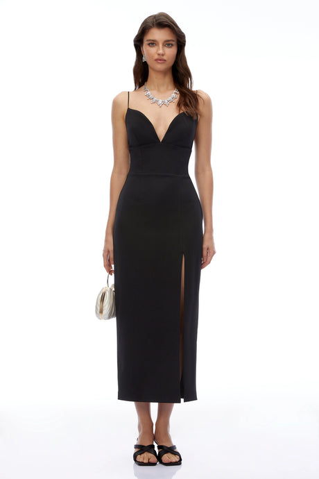 Vanessa Midi Dress Black Plunge Neck with Slit