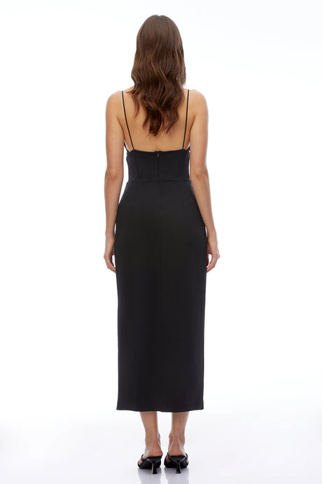 Vanessa Midi Dress Black Plunge Neck with Slit