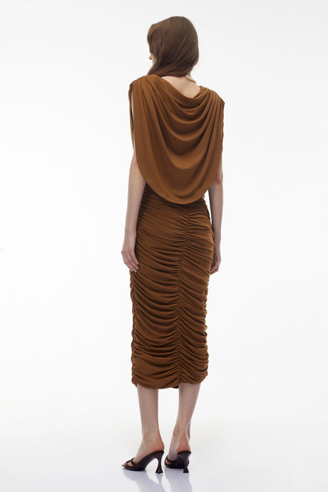 Carmelina Midi Dress Brown Ruched Bodycon
