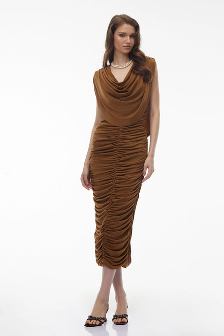 Carmelina Midi Dress Brown Ruched Bodycon