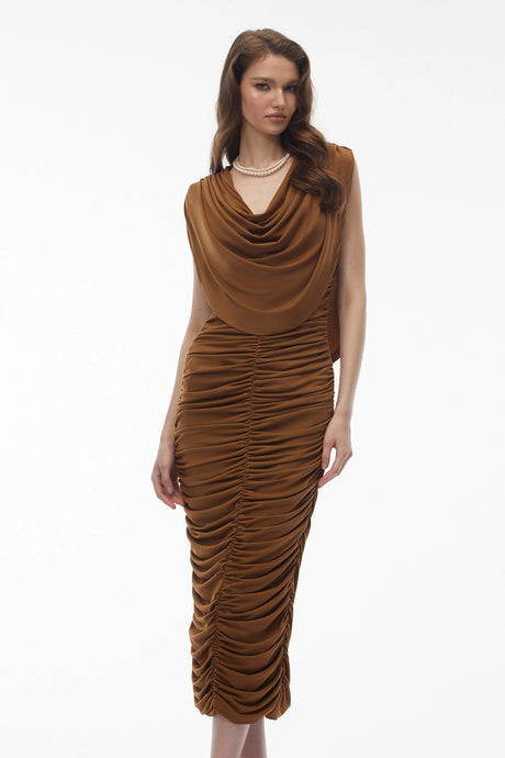 Carmelina Midi Dress Brown Ruched Bodycon