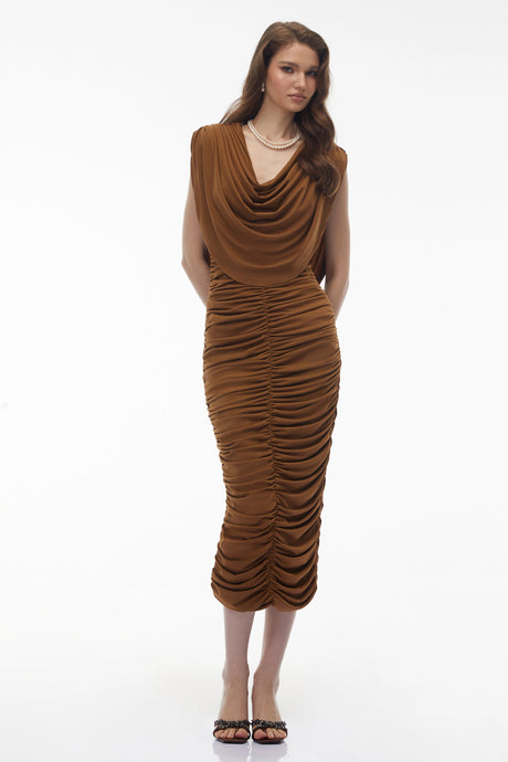 Carmelina Midi Dress Brown Ruched Bodycon