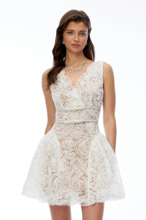 Ereti White VNeck Lace Mini Dress with 3D Florals