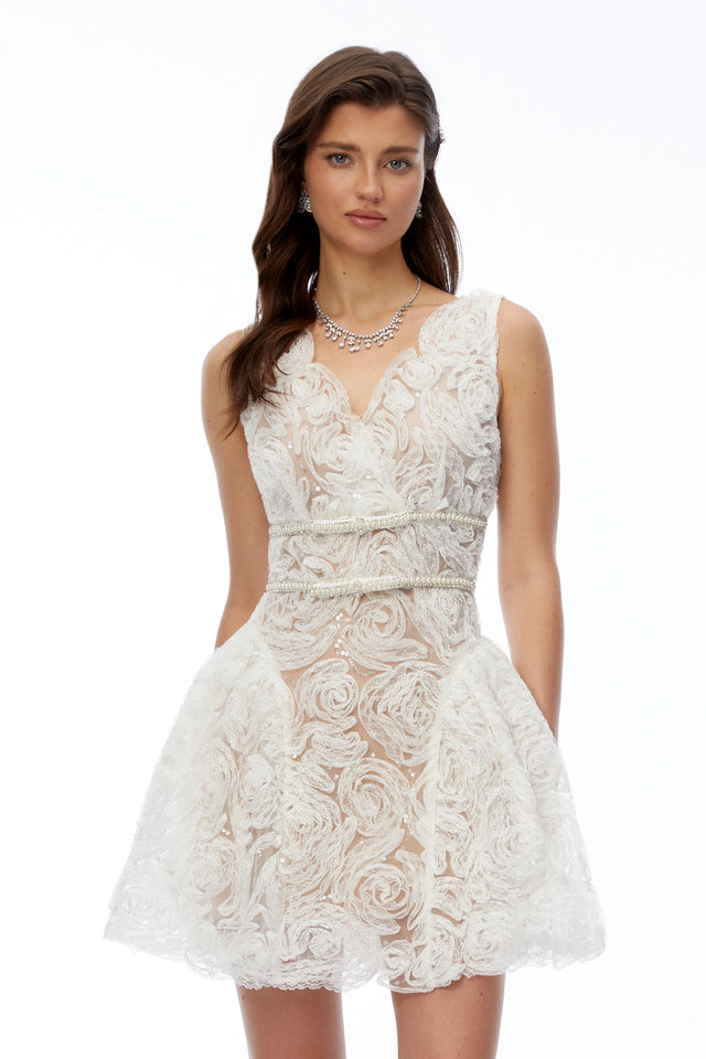 Ereti White VNeck Lace Mini Dress with 3D Florals
