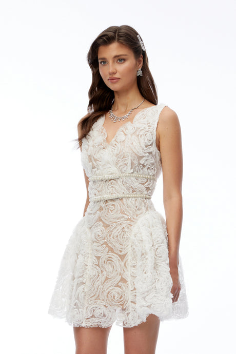 Carlotta Mini Dress White V-Neck Lace with 3D Florals