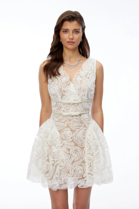 Carlotta Mini Dress White V-Neck Lace with 3D Florals