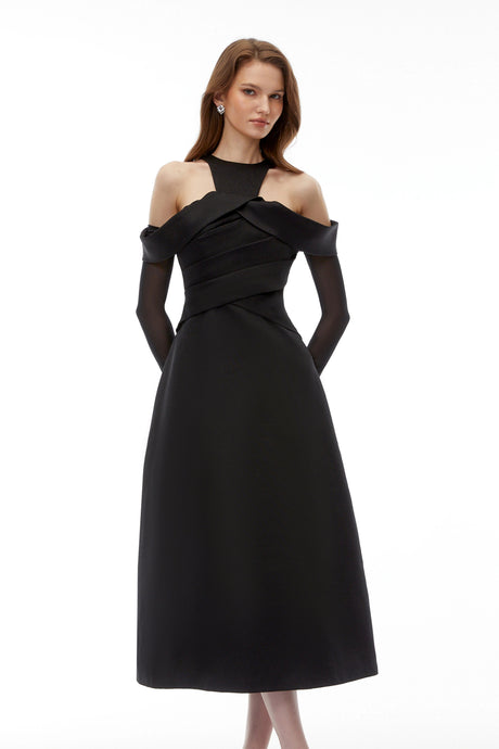 Biancamaria Midi Dress Black Cold Shoulder Draped
