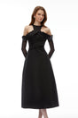 Erika Black Cold Shoulder Draped Midi Dress