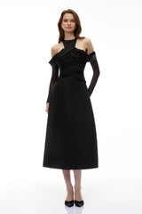 Erika Black Cold Shoulder Draped Midi Dress