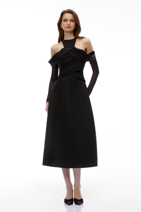 Biancamaria Midi Dress Black Cold Shoulder Draped