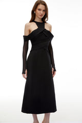 Erika Black Cold Shoulder Draped Midi Dress