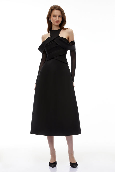 Biancamaria Midi Dress Black Cold Shoulder Draped