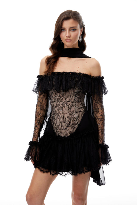 Liana Mini Dress Black Sequined Floral Lace