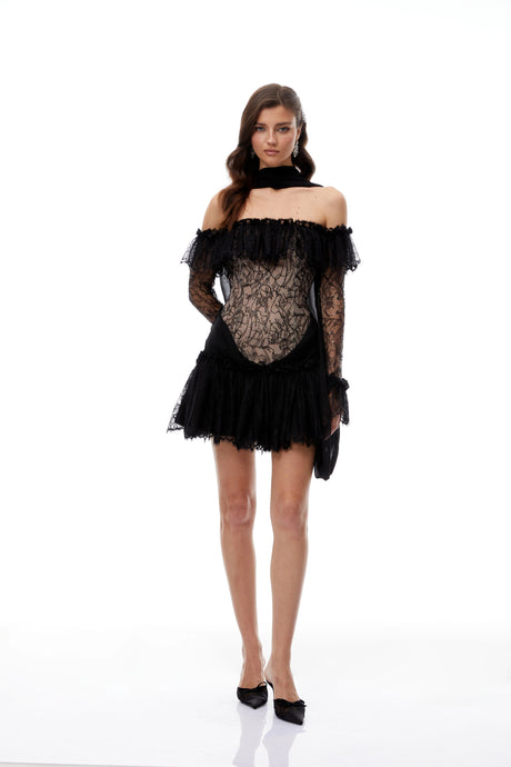 Liana Mini Dress Black Sequined Floral Lace