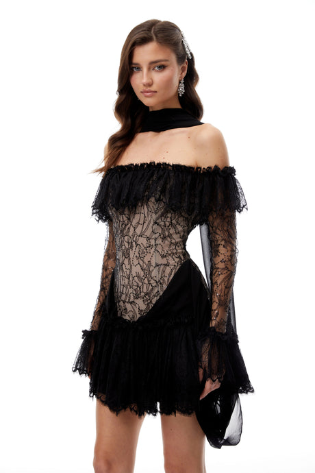 Liana Mini Dress Black Sequined Floral Lace