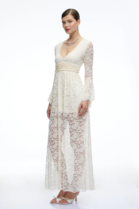 Chloe Maxi Dress Neutral Long Bell Sleeves Lace