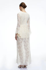 Esme Neutral Long Bell Sleeves Lace Maxi Dress