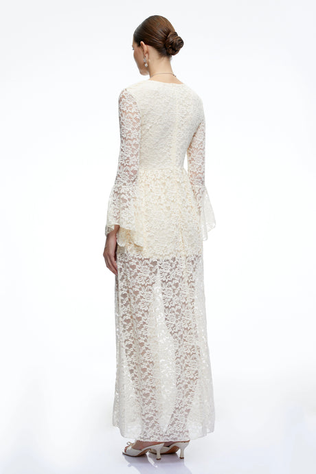 Chloe Maxi Dress Neutral Long Bell Sleeves Lace